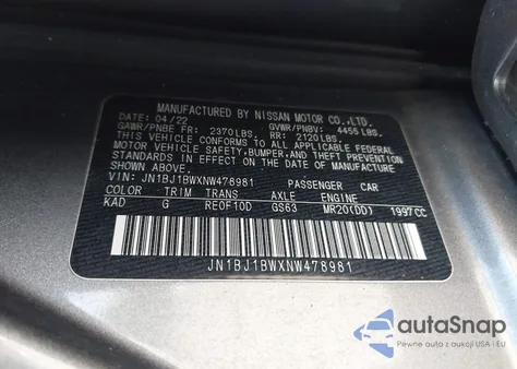 2022 Nissan Rogue Sport Sv Awd Xtronic Cvt из США, поврежденный, VIN JN1BJ1BWXNW478981